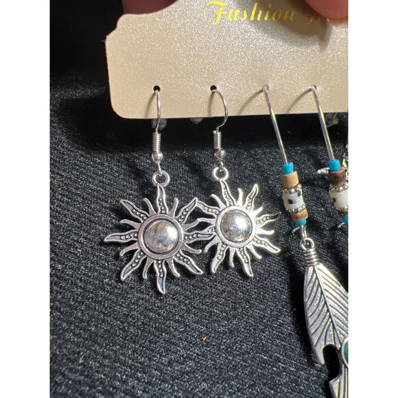 Boho silver turquoise sun moon feather 3 pair of fashion earrings NWT - Picture 4 of 6